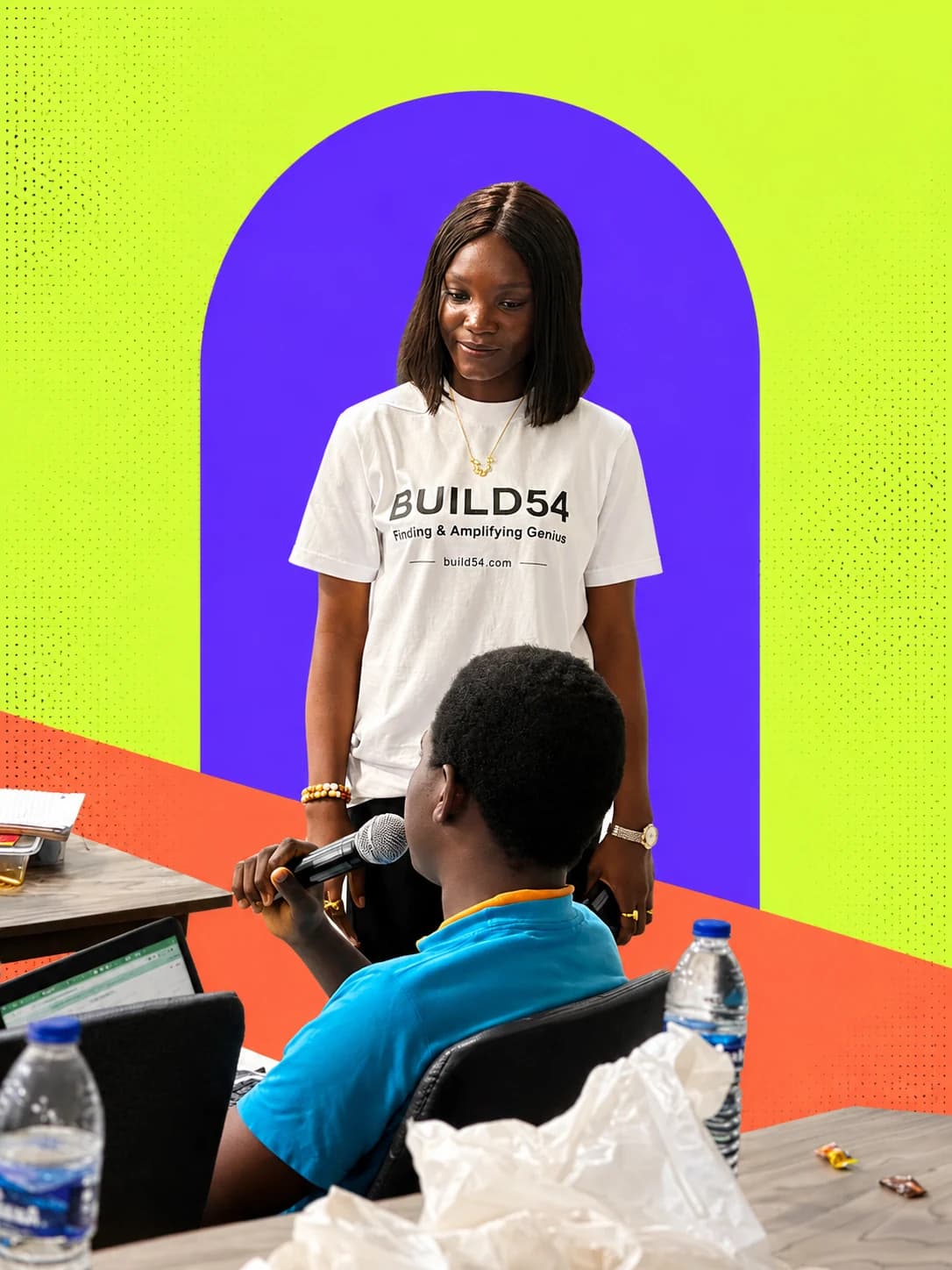 A Build54 campus organiser supporting a student at UNILAG, in lime, violet, and coral