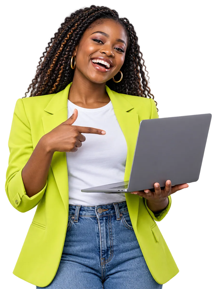 A young professional pointing happily at her laptop