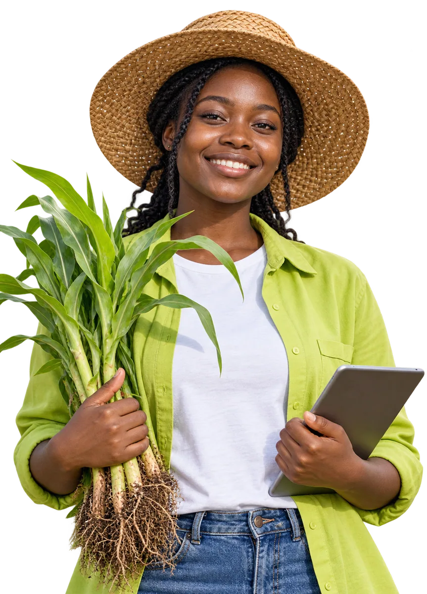 A young agritech builder holding a tablet and maize seedlings