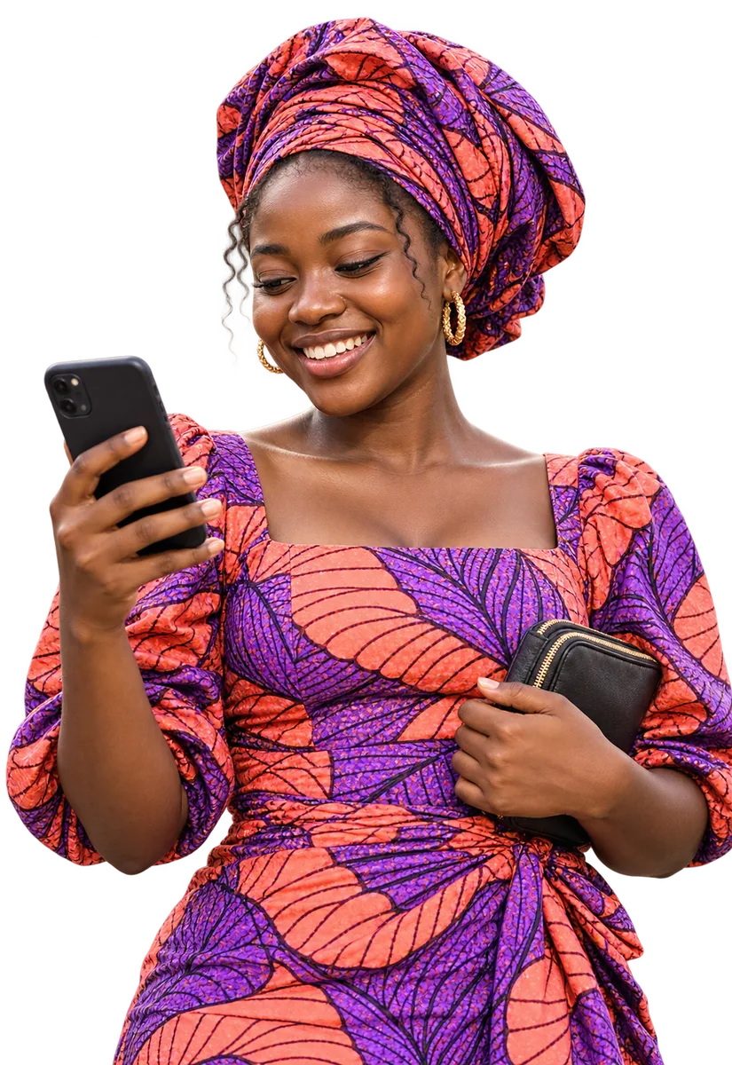 A market trader smiling at her phone