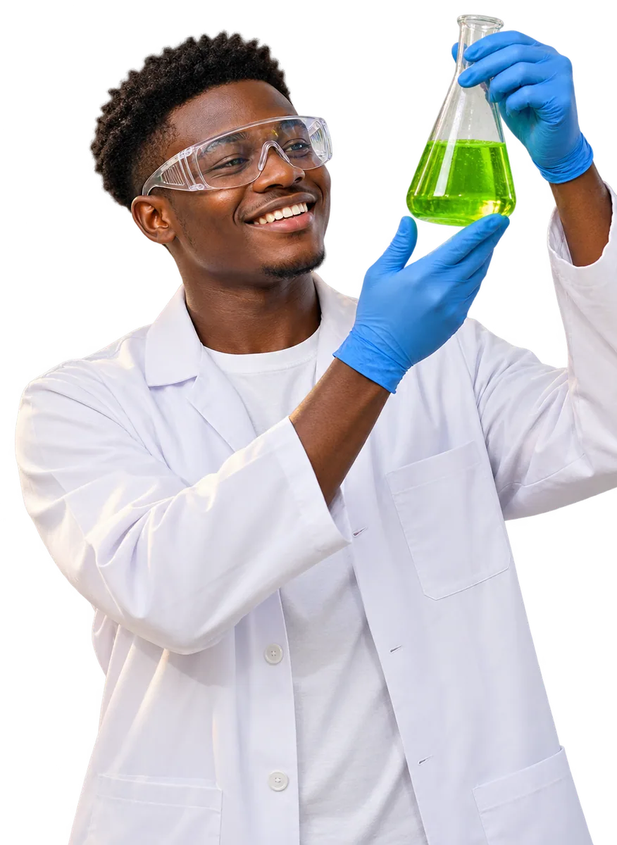 A chemistry student in goggles holding up a flask of green liquid