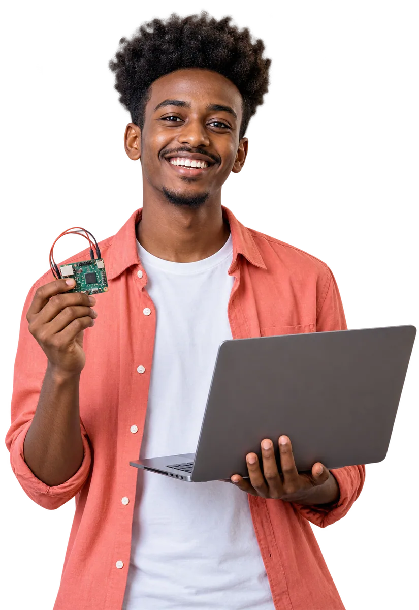 A computer science student with a laptop and a circuit board