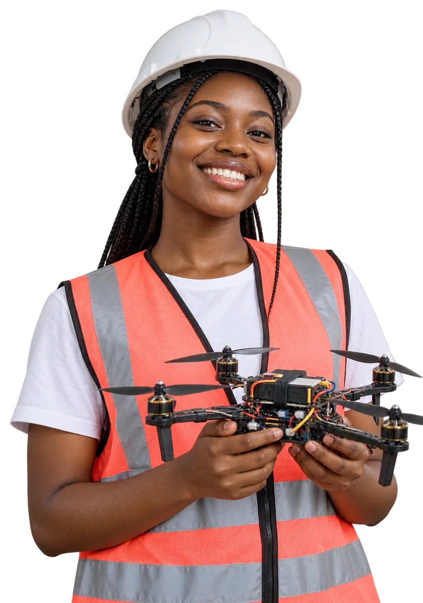 An engineering student in a hard hat holding a drone prototype