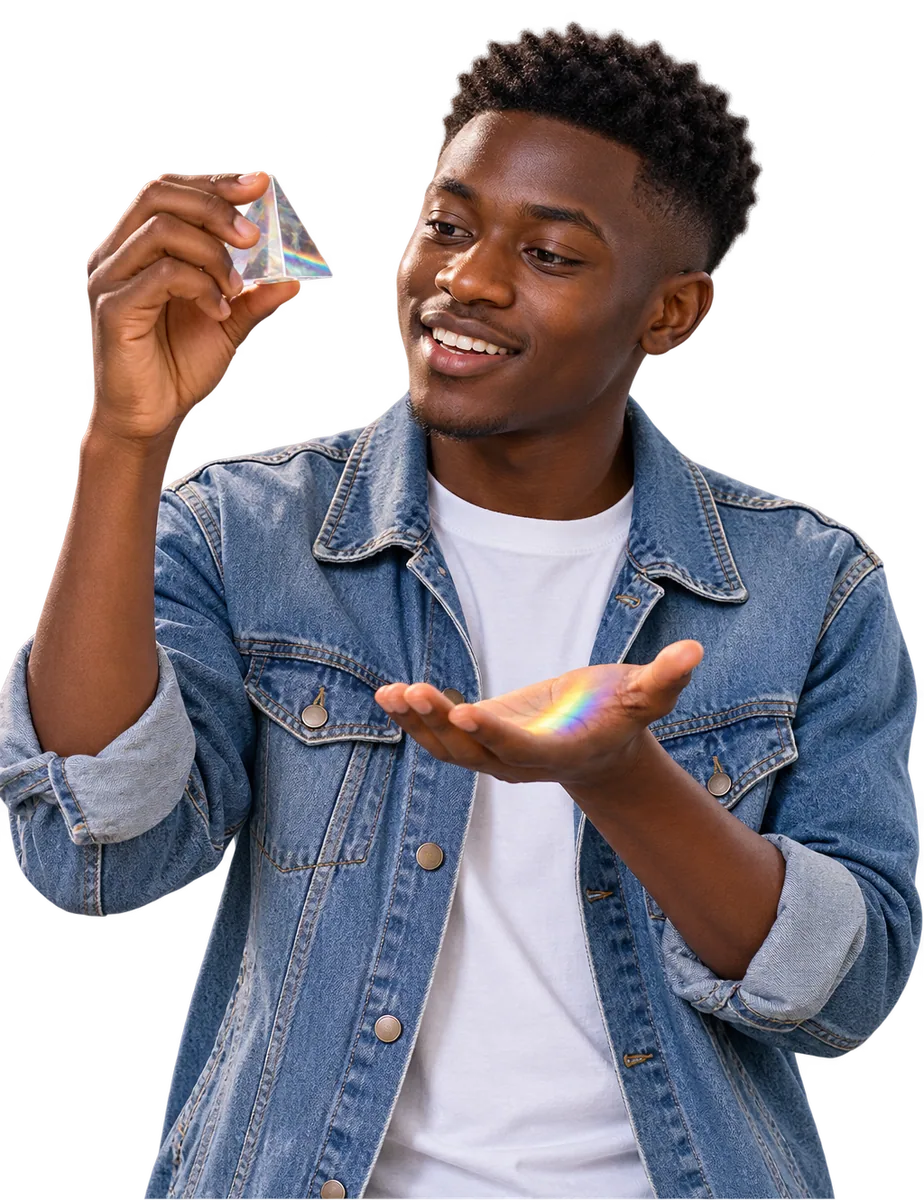A physics student watching the rainbow from a glass prism