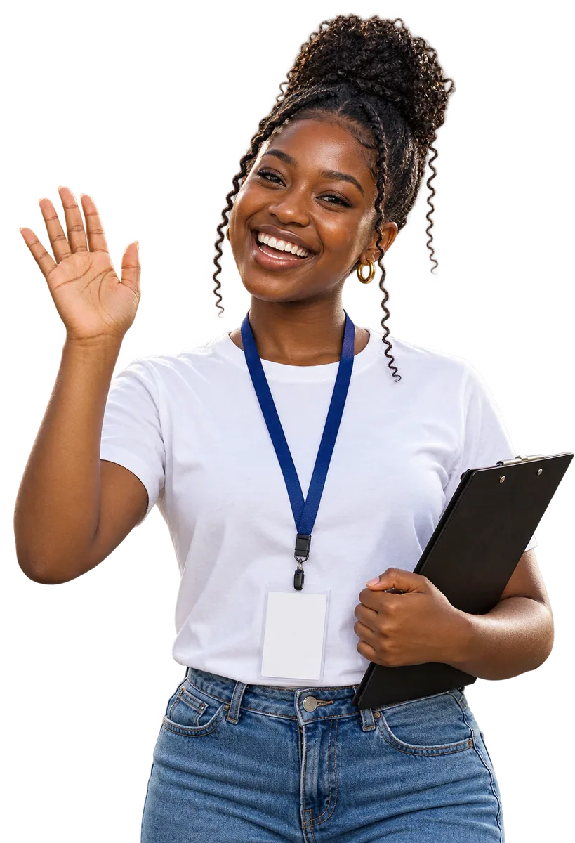 A campus organiser with a clipboard waving people in