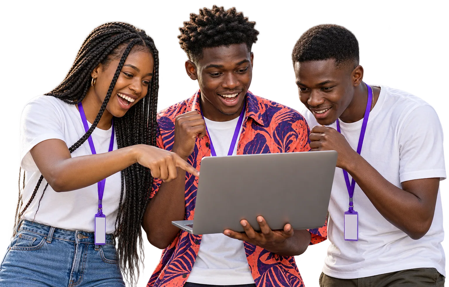 Three young builders crowded around one laptop at a hack