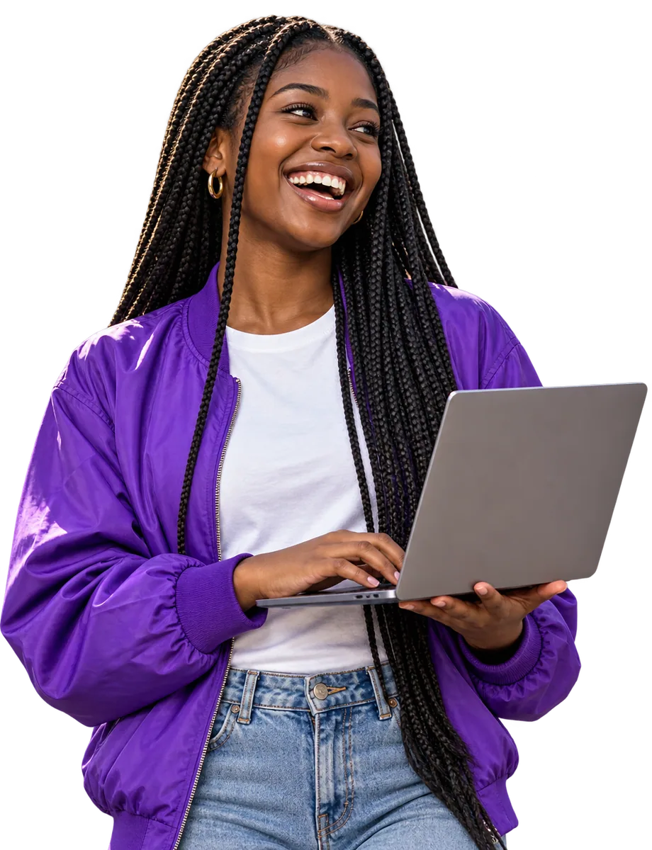A young builder laughing as she types on a laptop
