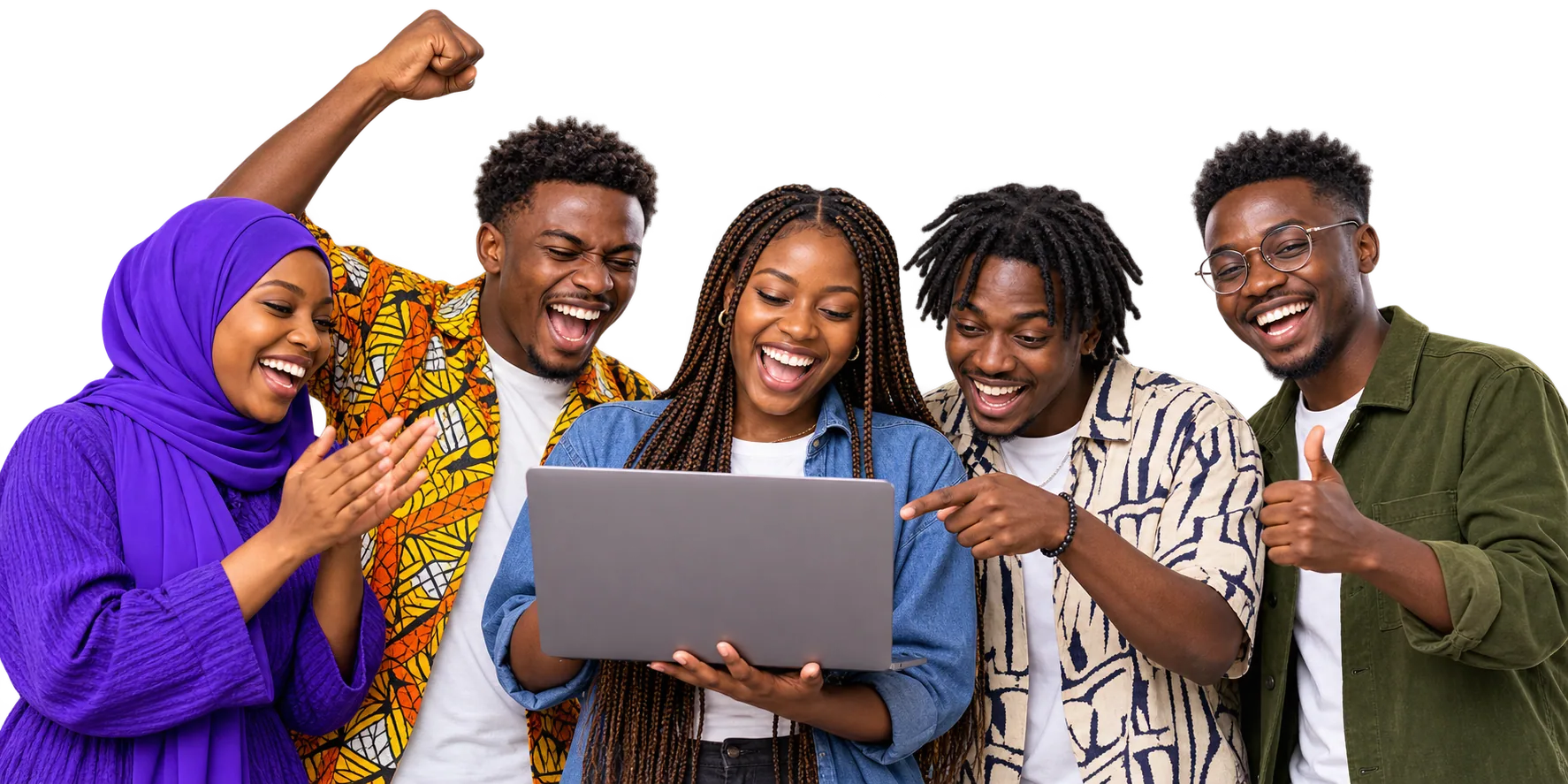 Five young builders celebrating around one laptop