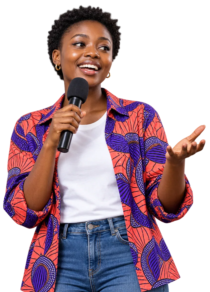 A campus rep with a microphone and one arm open, welcoming a room of students