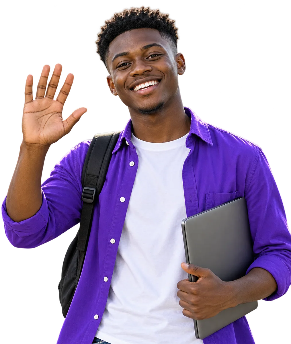 A first-year student waving hello on his way into a hack