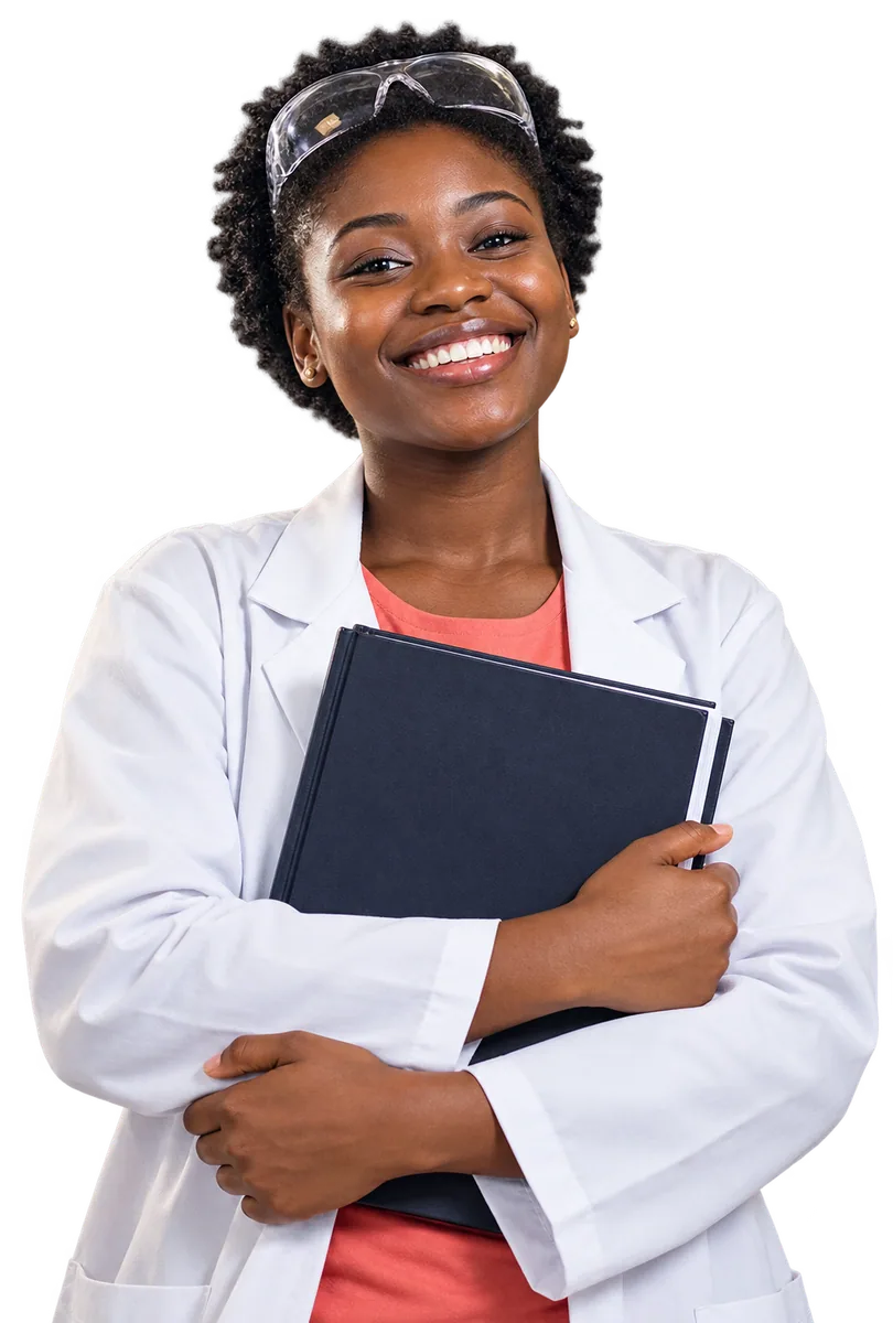A young researcher in a lab coat hugging her thesis and smiling