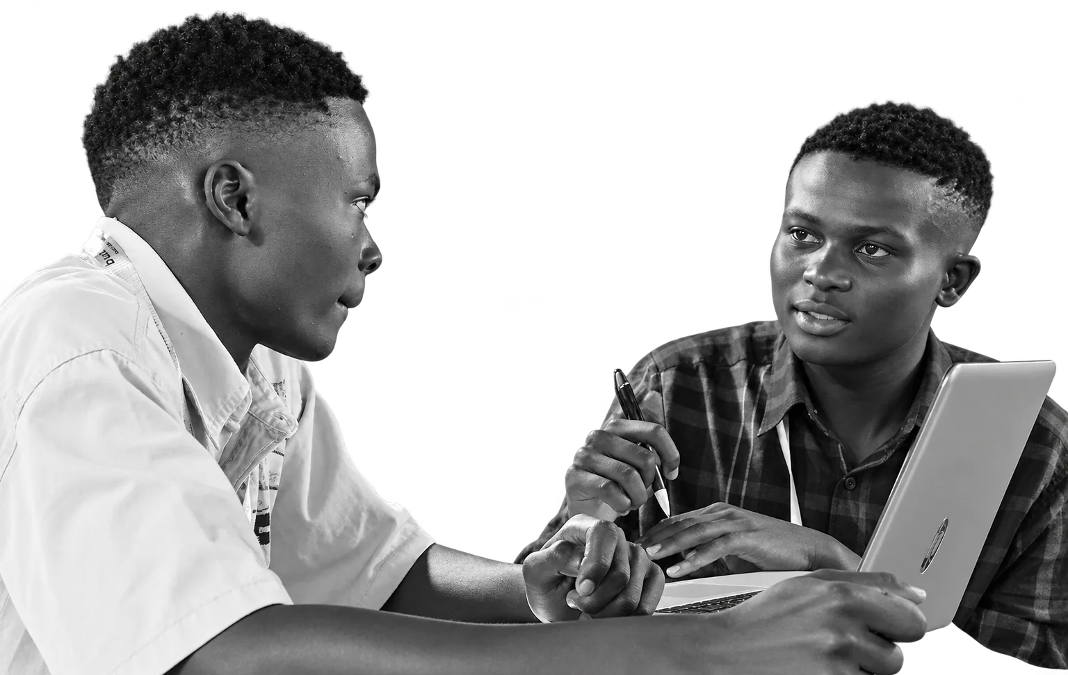 Two builders talking across a laptop at Future in 48, Nairobi
