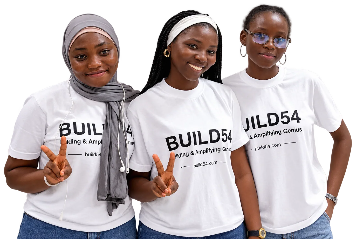 Three Build54 volunteers in white BUILD54 T-shirts at Build Zero, UNILAG