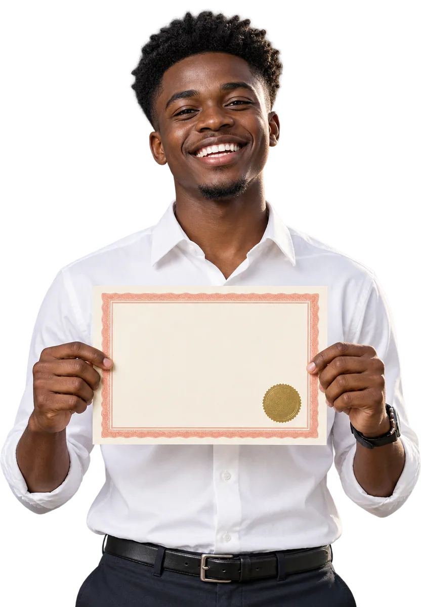 A young man proudly holding up a certificate
