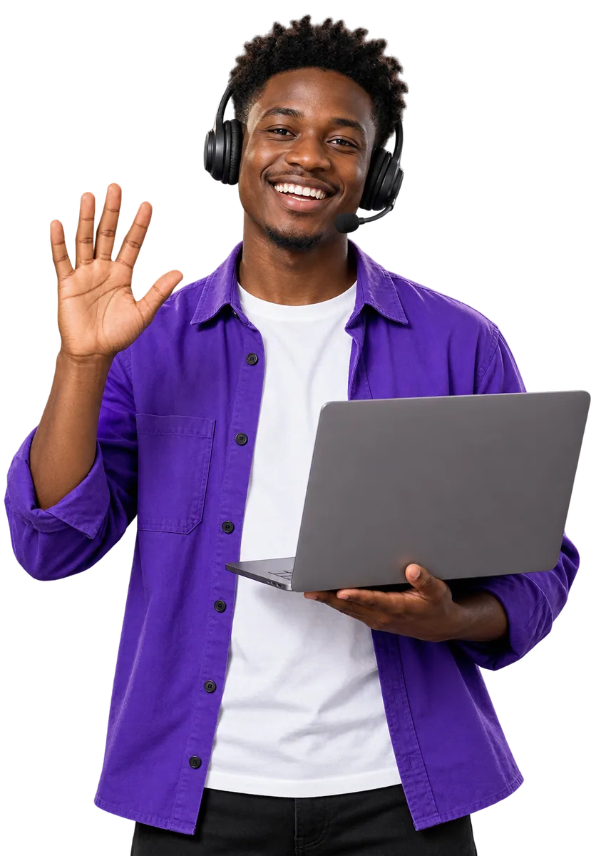 A campus organiser in a headset waving to people on a video call